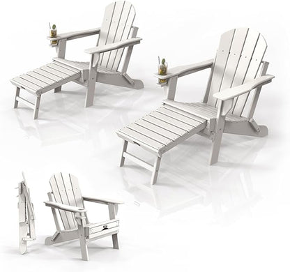 VINGLI Folding Adirondack Chair Set of 2 with Ottoman, Waterproof Plastic HDPE Firepit Chair for Outside with Hidden Footrests, Foldable Ergonomics Seating for Patio Porch Yard Garden(White)