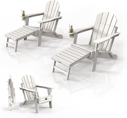VINGLI Folding Adirondack Chair Set of 2 with Ottoman, Waterproof Plastic HDPE Firepit Chair for Outside with Hidden Footrests, Foldable Ergonomics Seating for Patio Porch Yard Garden(White)