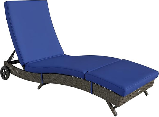 Outsunny Wicker Chaise Lounge Chair Outdoor with Wheels & Cushion, PE Rattan Patio Lounge Chair with 5-Level Adjustable Backrest for Poolside, Garden, Dark Blue
