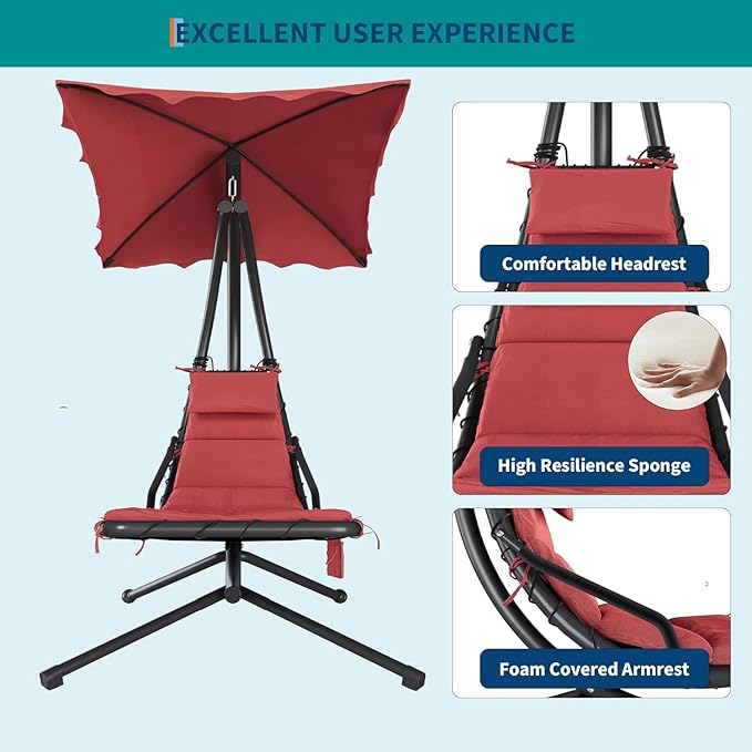Indoor Outdoor Chaise Lounge, Patio ChaiseLounge with Removable Canopy & Built-in Pillow, Hammock Chair with Stand - Photo 7