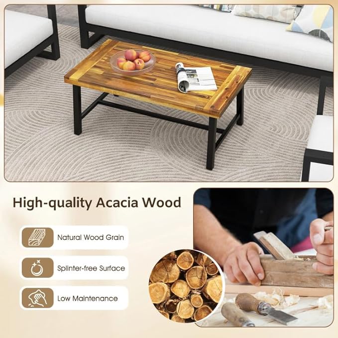 Byroce Outdoor Coffee Table, 43.5”L Farmhouse Accent Table with Spacious Tabletop & Heavy-Duty Metal Structure, Acacia Wood Coffee Table for Patio, Yard, Garden & Living Room, Natural