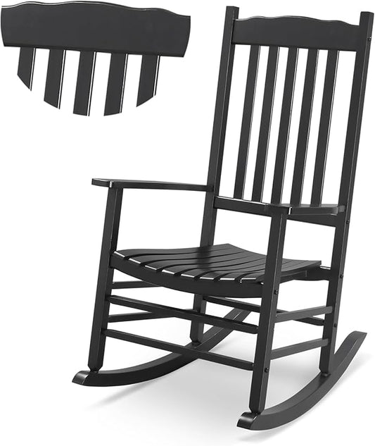 Outvita Outdoor Rocking Chair, Solid Wood High Back Rocker, All Weather Lounge Chair for Porch Patio Fire Pit Garden Backyard Deck Indoor, Wave Shape, Black