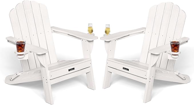 Adirondack Chairs Set of 2, Wood Texture Fire Pit Chairs, Plastic Adirondack Chairs with 2 Cup Holder - Photo 1