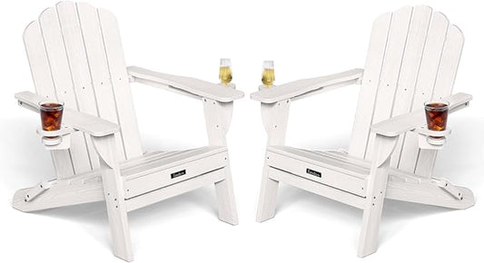 Adirondack Chairs Set of 2, Wood Texture Fire Pit Chairs, Plastic Adirondack Chairs with 2 Cup Holder, Outdoor Lawn Chair for Patio Garden, White