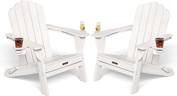 Adirondack Chairs Set of 2, Wood Texture Fire Pit Chairs, Plastic Adirondack Chairs with 2 Cup Holder - Photo 1