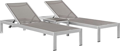 Modway Shore Aluminum Textilene® Mesh Outdoor Patio 3-Piece Poolside Chaise Lounge Chair and Side End Table Set in Silver Gray