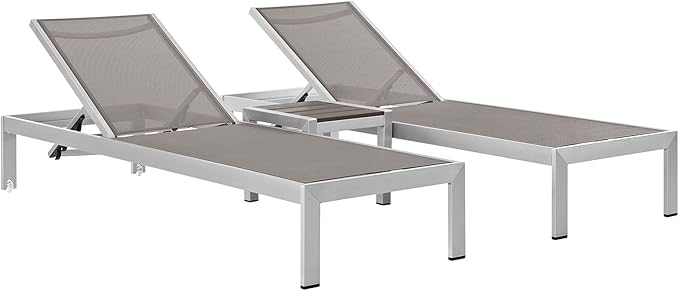 Modway Shore Aluminum Textilene® Mesh Outdoor Patio 3-Piece Poolside Chaise Lounge Chair and Side End Table Set in Silver Gray