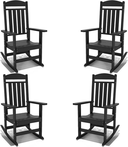 Outdoor Rocking Chairs Set of 4, Oversized High Back Patio Rocking Chairs, All Weather Porch Rocking Chairs for Outside. Black