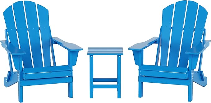 WO WESTIN OUTDOOR HDPE Laguna 3PC Outdoor Poly Adirondack Chair Set with Side Table, Pacific Blue
