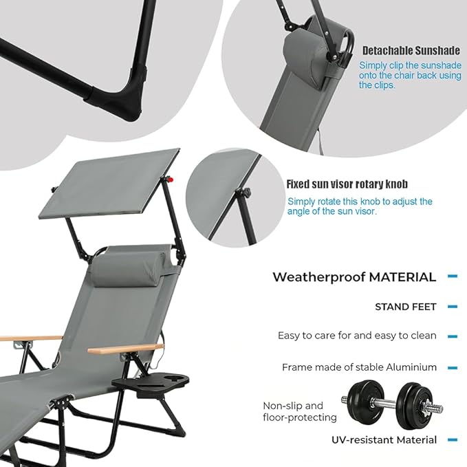 Folding Outdoor Chaise Lounge Chair with Arms, 4 Position Sunbathing Lounge Chair with Shade, Sun Tanning Chairs for Outside Portable with Cup Holders for Beach Patio Camping Poolside Yard (Gray- B)