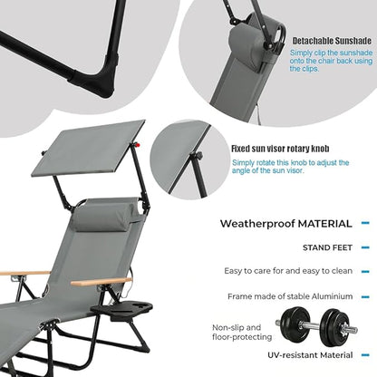 Folding Outdoor Chaise Lounge Chair with Arms, 4 Position Sunbathing Lounge Chair with Shade, Sun Tanning Chairs for Outside Portable with Cup Holders for Beach Patio Camping Poolside Yard (Gray- B)