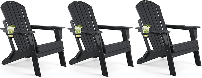 FUNBERRY Folding Adirondack Chair Set of 3, All Weather HDPE Fire Pit Chairs with Cup Holder for Outdoor - Photo 1