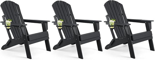 FUNBERRY Folding Adirondack Chair Set of 3, All Weather HDPE Fire Pit Chairs with Cup Holder for Outdoor