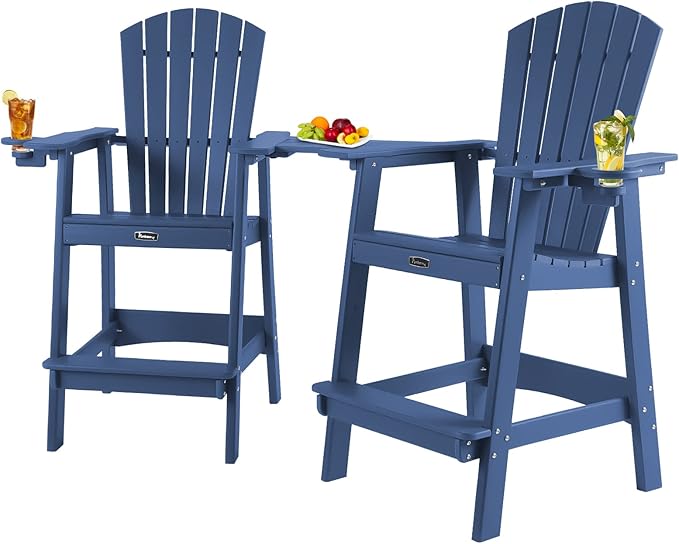 FUNBERRY Tall Adirondack Chairs Set of 2 with Removable Connecting Table, All Weather High Top Balcony Chair with Cup Holders
