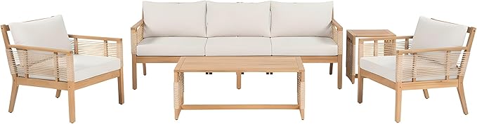 Merax Outdoor 5 Piece Patio Acacia Wood Conversation Set with Beige Cushions, Hand Woven Rope Design - Photo 4