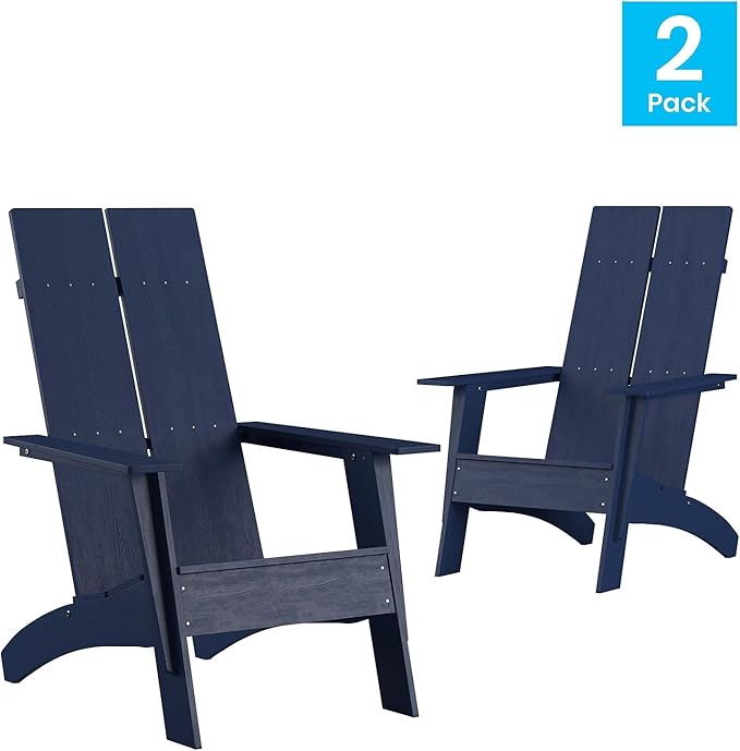 Flash Furniture Set of 2 Sawyer Modern 2-Slat Back Adirondack Chairs - Navy Blue All-Weather Poly Resin Lounge Chairs