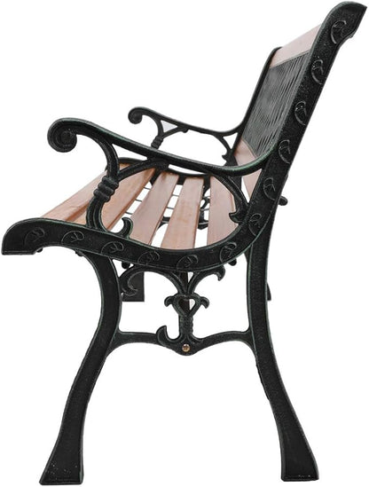 Outdoor Garden Bench Park Bench, Patio Furniture Bench Chair with Cast Iron & Hardwood Structure, Weather Proof Porch Loveseat, Perfect for Front Porch Park Outside Furniture Decor (B)