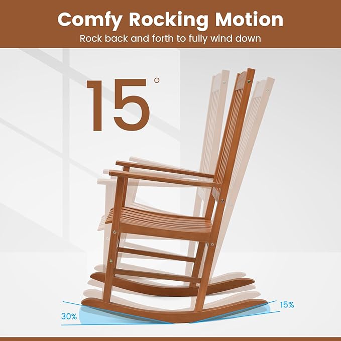 Tangkula Patio Rocking Chair with 400 lbs Weight Capacity, Eucalyptus Wood Porch Rocker with High Back, Patio Rocker Chair for Indoor and Outdoor Use (1)