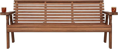 Amish Casual Heavy Duty 6 Foot Pressure Treated Outdoor Garden Bench in Oak Stain with Cup Holders - Amish Crafted Roll Back Design, 700 Lb Weight Capacity