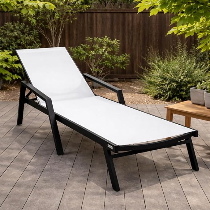 LeisureMod Marlin Patio Chaise Lounge Chair, Adjustable Outdoor Black Aluminum Lounge with Breathable Mesh Sling Back, Lightweight Poolside Reclining Sun Lounger Weather & UV Resistant (White)