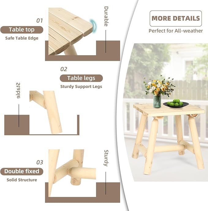 Outdoor Adirondack Log Side Table, 19.5" Thick Wooden Patio Square End Table with Slatted Tabletop - Photo 4