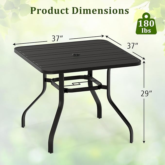 Tangkula 37” Outdoor Dining Table for 4, Square Patio Bistro Dining Table with 1.57” Umbrella Hole and Metal Frame, Outdoor Patio Table for Balcony, Garden and Backyard