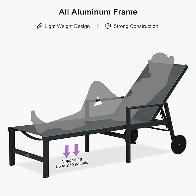 PURPLE LEAF Outdoor Chaise Lounge Set for 4 Aluminum Patio Chaise Lounger Chairs with Armrest and Wheels Adjustable - Photo 7
