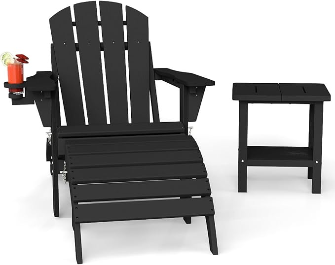 3-Piece Adirondack Chair with Footrest and Table Set,Folding Chair with Retractable Ottoman,HDPE All Weather Fire Pit Chair with Cup Holder(Black, 1 Chair &1 footrest & 1 Table)