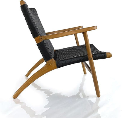 Indonesian Grade A Teak Wood Monterey Club Lounge Chair. Midcentury Modern Comfortable Design Chair Double handweaved Rope. Backyard, Poolside, Balcony Living Room. (Black)