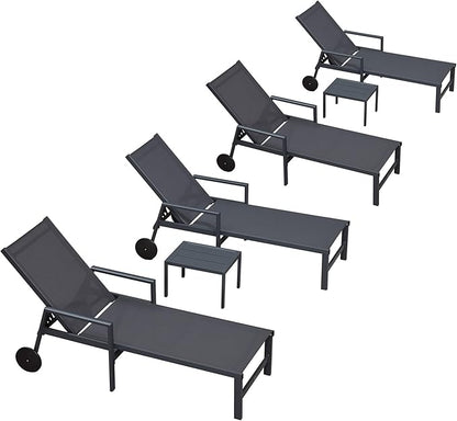 PURPLE LEAF Outdoor Chaise Lounge Set for 4 Aluminum Patio Chaise Lounger Chairs with Armrest and Wheels Adjustable Pool Chaise Lounge Chair for Beach Yard Poolside Table Included, Dark Grey