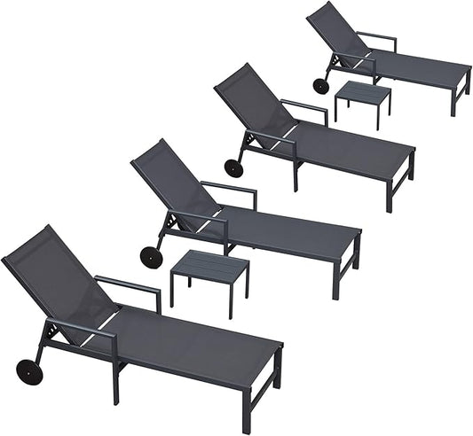 PURPLE LEAF Outdoor Chaise Lounge Set for 4 Aluminum Patio Chaise Lounger Chairs with Armrest and Wheels Adjustable Pool Chaise Lounge Chair for Beach Yard Poolside Table Included, Dark Grey
