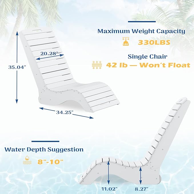 MELLCOM HDPE Pool Lounge Chair, in Pool Lounge Chair up to 10-Inches of Water, Chaise Lounge Chair with Wheels, S Shape Patio Lounge Chair for Pool, Deck, Garden, Beach, White