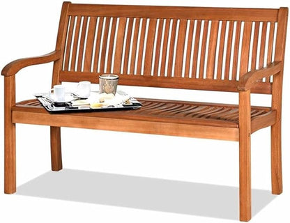Pemberly Row 50" Eucalyptus Outdoor Garden Bench, Natural Finish, Solid Wood, Weather-Resistant, Ergonomic Design with Armrests, 2-Person Seating for Patio, Garden, or Poolside Use