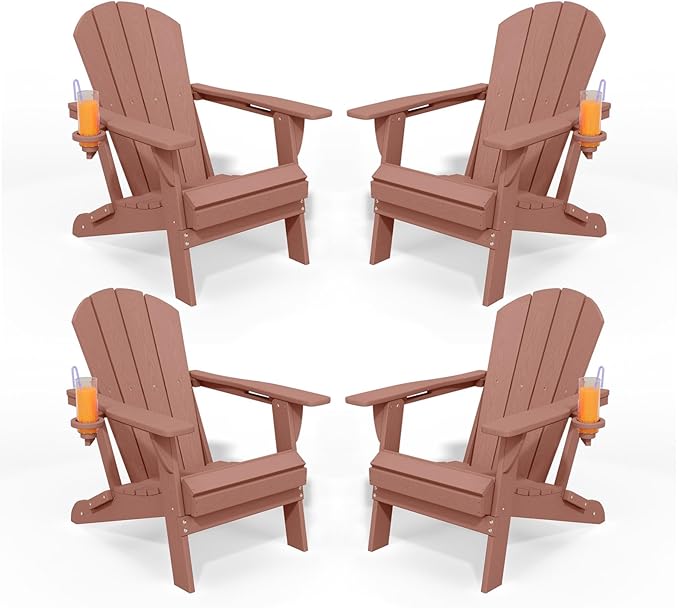 Folding Adirondack Chairs with Cup Holders, Set of 4 HDPE Plastic Outdoor Chairs, Weather Resistant, Real Wood Look - Photo 1