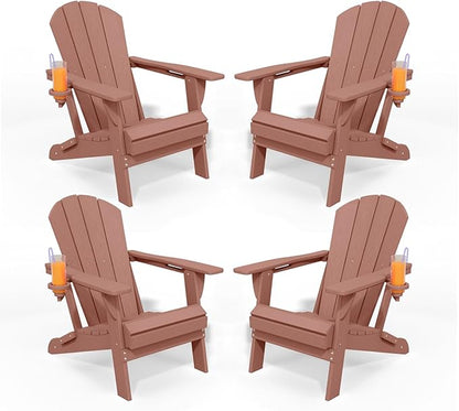 Folding Adirondack Chairs with Cup Holders, Set of 4 HDPE Plastic Outdoor Chairs, Weather Resistant, Real Wood Look, Heavy-Duty Patio Furniture for Deck, Fire Pit, Backyard, Coffee
