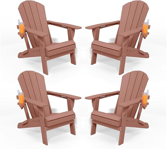 Folding Adirondack Chairs with Cup Holders, Set of 4 HDPE Plastic Outdoor Chairs, Weather Resistant, Real Wood Look, Heavy-Duty Patio Furniture for Deck, Fire Pit, Backyard, Coffee