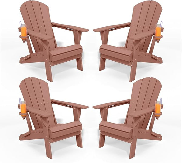 Folding Adirondack Chairs with Cup Holders, Set of 4 HDPE Plastic Outdoor Chairs, Weather Resistant, Real Wood Look - Photo 1