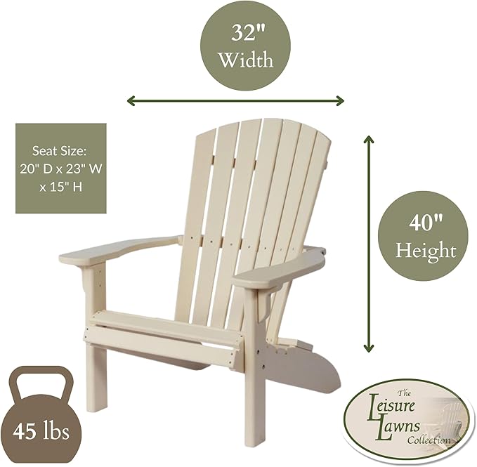 Leisure Lawns Poly Plastic Fanback Adirondack Chair, Outdoor Patio Chair - Amish Made in USA (Ivory)
