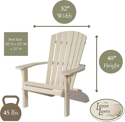 Leisure Lawns Poly Plastic Fanback Adirondack Chair, Outdoor Patio Chair - Amish Made in USA (Ivory)