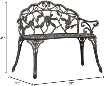 Cast Aluminum Cast Iron Garden Bench Outdoor Bronze Floral Design Patio Seating for 2 People Weather Resistant Sturdy Furniture for Garden Patio Balcony