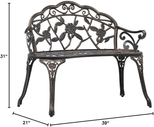 Cast Aluminum Cast Iron Garden Bench Outdoor Bronze Floral Design Patio Seating for 2 People Weather Resistant Sturdy Furniture for Garden Patio Balcony
