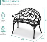 Outdoor Garden Bench, Patio Metal Rose Bench, 2 Person Cast Iron Metal Frame Porch Bench with Backrest and Armrests - Photo 2