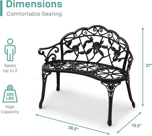 Vasitelan 38.5" Patio Park Garden Outdoor Metal Rose Bench,Cast Iron Cast Aluminium Frame Antique Finish Chair, Lawn Front Porch Path Yard Decor Deck Furniture (Black)