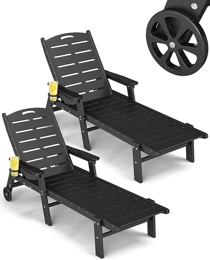 FOOWIN Chaise Lounge Chair Set of 2，HDPE Lounge Chair Outdoor with 5 Positions,Oversized Pool Lounge Chairs with Rolling Wheels & Cup Holder for Poolside Deck Backyard,Black