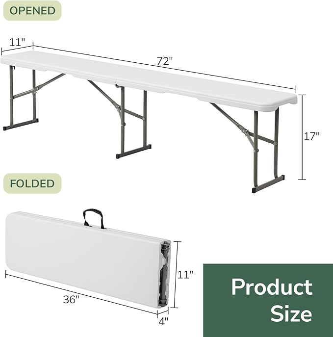 Outvita 6ft Folding Portable Bench, Waterproof Foldable Plastic Bench Seat, Light-Weight Seat for Indoor, Outdoor, Picnic, Party, Camping, White
