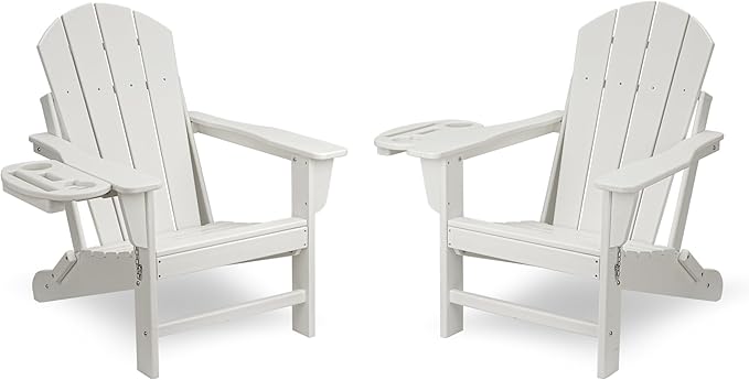 FOOWIN Folding Adirondack Chair Set of 2, HDPE Adirondack Chairs with Cup Holder, Weather Resistant Plastic Fire Pit Chairs for Outdoor, Patio, Lawn, Garden, Backyard, Deck, White
