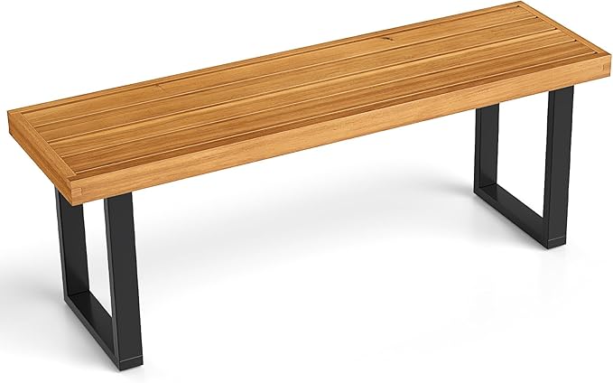 HAPPYGRILL Acacia Wood Bench for 2 People, Outdoor Dining Bench with Metal Legs & Adjustable Foot Pads, for Entryway, Garden, Poolside, Balcony, 800 LBS (1)