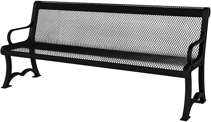 COATEDOUTDOORFURNITURE Heavy-Duty Outdoor Bench Thermoplastic Coated, Expanded Metal, Commercial-Grade Garden Bench, Made in America (Portable with Back, 4 Ft, Textured Black)