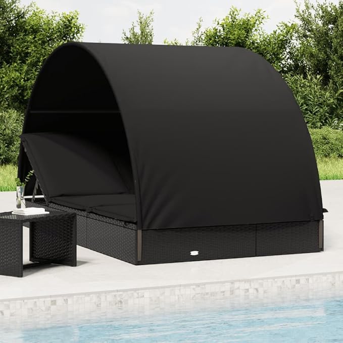 2-Person Outdoor Chaise Lounge Black Rattan Sunbed 83x44x55 in Weather-Resistant Fabric Cushions Adjustable Armrest for Patio Garden Poolside Deck