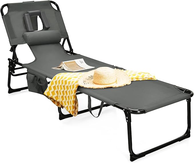 Tangkula Tanning Chair with Face Hole, Patio Folding Adjustable Reclining Beach Sunbathing Lounge Chair with Side Pocket, Portable Face Down Chaise Lounge for Outdoor Backyard Poolside (1)